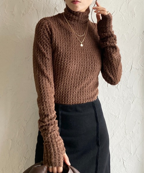 セール】指穴付サムホール付き長袖シャギーフェザーハイネックトップス