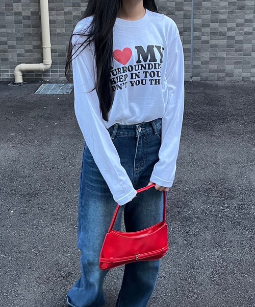 etta（エタ）の「韓国っぽ英字ハートロンT／長袖Tシャツ（Tシャツ/カットソー・レディース・C/D/ホワイト/A/B・MEDIUM/SMALL）」の2枚目の写真
