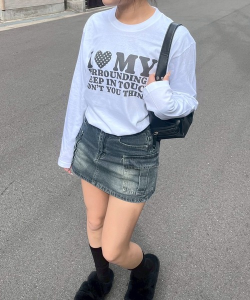 etta（エタ）の「韓国っぽ英字ハートロンT／長袖Tシャツ（Tシャツ/カットソー・レディース・C/D/ホワイト/A/B・MEDIUM/SMALL）」の6枚目の写真