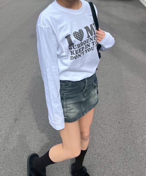 etta（エタ）の「韓国っぽ英字ハートロンT／長袖Tシャツ（Tシャツ/カットソー・レディース・C/D/ホワイト/A/B・MEDIUM/SMALL）」の7枚目の写真