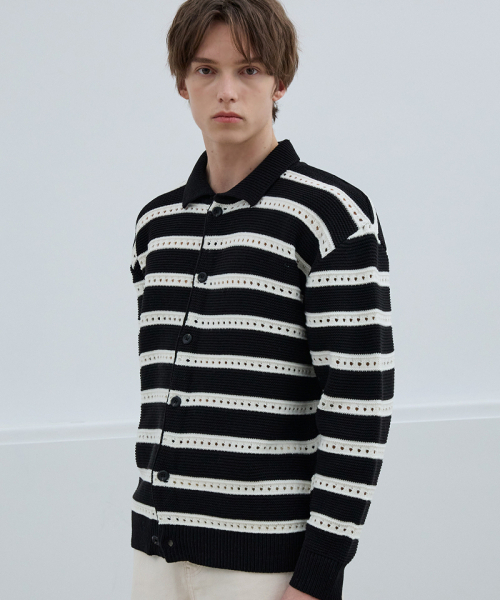NODU（ノードユー）の「スカシストライプカラーニットカーディガン[ブラック]（カーディガン/ボレロ・メンズ・その他・MEDIUM/LARGE）」の4枚目の写真