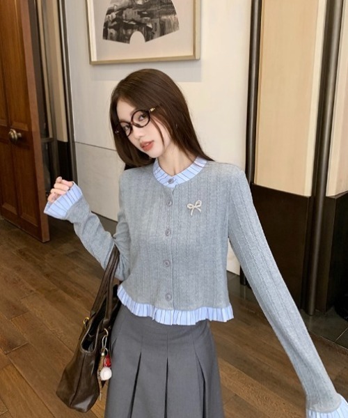 yuue' ( wear )(ユーイ)の「異素材ドッキングニットカーディガン/リボンブローチ付き(カーディガン/ボレロ・レディース・ネイビー/グレー・FREE)」の7枚目の写真