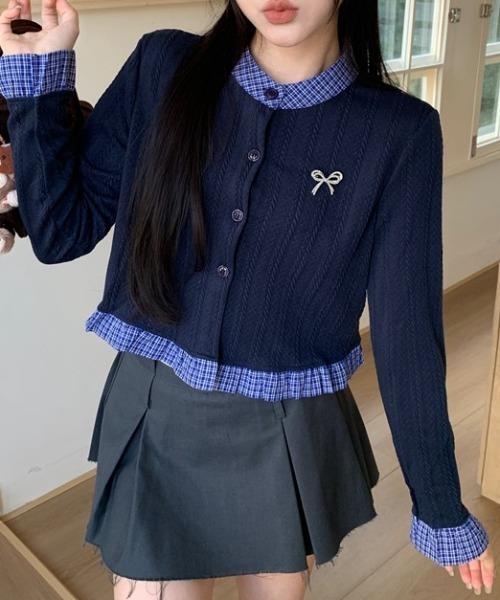 yuue' ( wear )(ユーイ)の「異素材ドッキングニットカーディガン/リボンブローチ付き(カーディガン/ボレロ・レディース・ネイビー/グレー・FREE)」の11枚目の写真