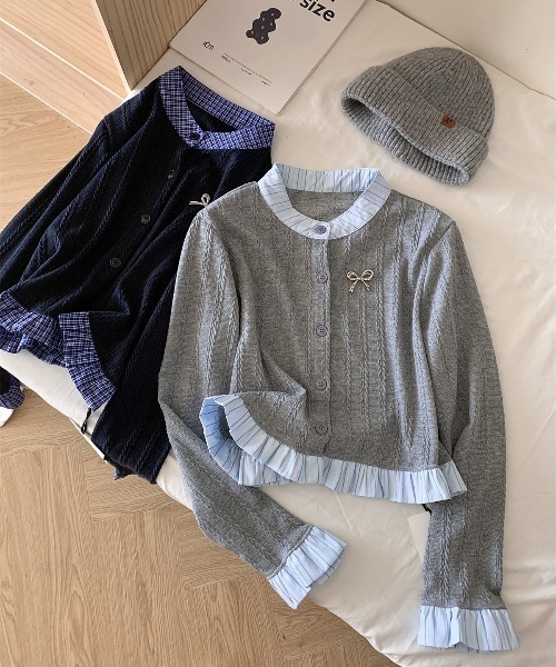 yuue' ( wear )(ユーイ)の「異素材ドッキングニットカーディガン/リボンブローチ付き(カーディガン/ボレロ・レディース・ネイビー/グレー・FREE)」の13枚目の写真