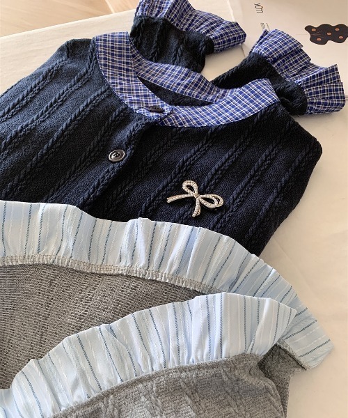 yuue' ( wear )(ユーイ)の「異素材ドッキングニットカーディガン/リボンブローチ付き(カーディガン/ボレロ・レディース・ネイビー/グレー・FREE)」の14枚目の写真
