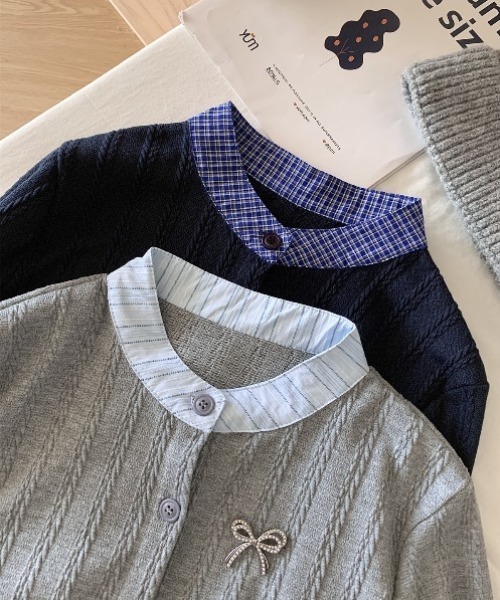 yuue' ( wear )(ユーイ)の「異素材ドッキングニットカーディガン/リボンブローチ付き(カーディガン/ボレロ・レディース・ネイビー/グレー・FREE)」の16枚目の写真