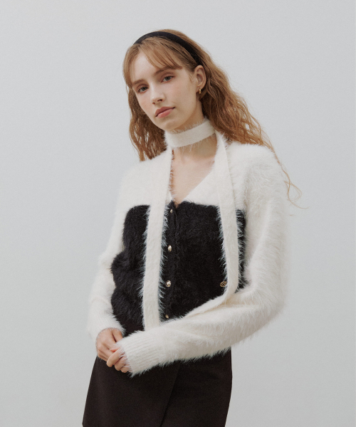 Angora V-neck Tie Cardigan [White Black]