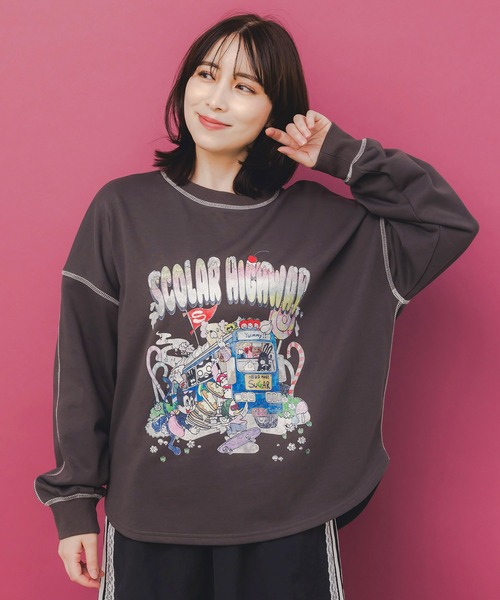 ScoLar（スカラー）の「153738：スカラーハイウェイ ヴィンテージ風プルオーバー（Tシャツ/カットソー・レディース・ブラック/チャコールグレー/杢グレー・M）」の3枚目の写真