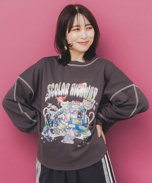 ScoLar（スカラー）の「153738：スカラーハイウェイ ヴィンテージ風プルオーバー（Tシャツ/カットソー・レディース・ブラック/チャコールグレー/杢グレー・M）」の5枚目の写真