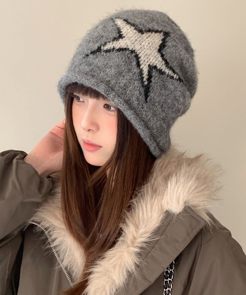 セール】【秋冬新作】星柄深めニット帽（ニットキャップ/ビーニー