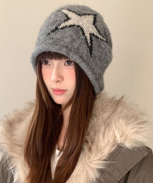 セール】【秋冬新作】星柄深めニット帽（ニットキャップ/ビーニー