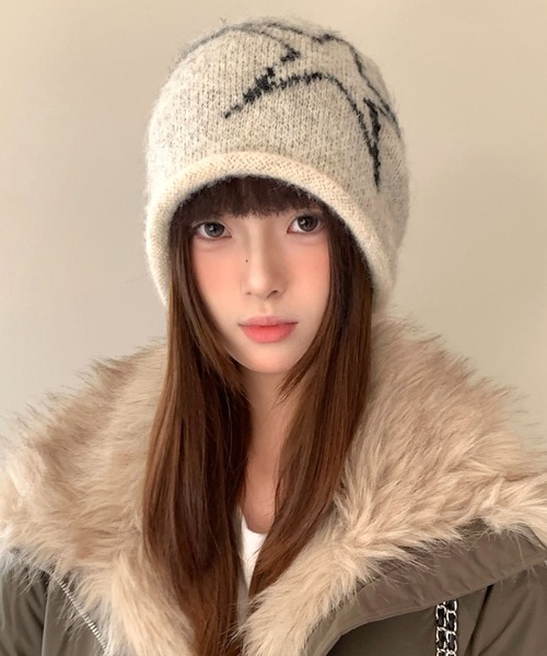 セール】【秋冬新作】星柄深めニット帽（ニットキャップ/ビーニー