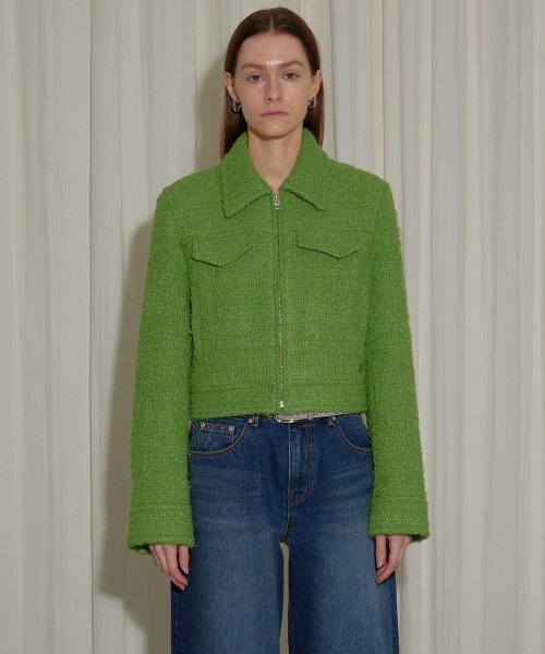 BOUCLE TWEED ZIP-UP JACKET - GREEN
