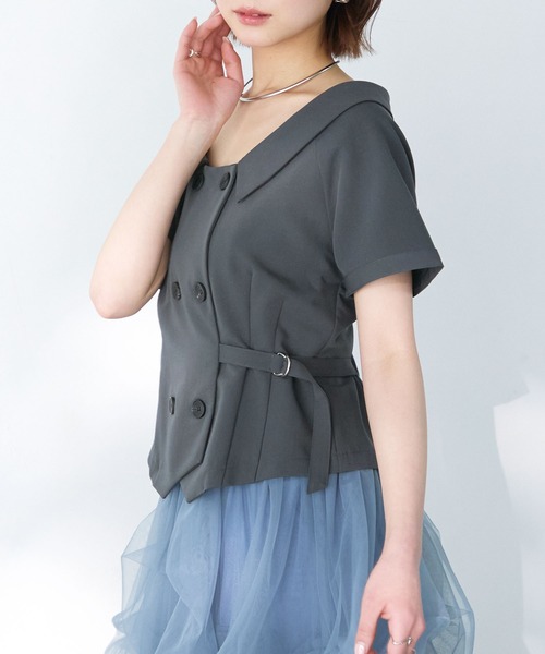 Elishe(エリシェ)の「ダブルボタントレンチトップス(シャツ/ブラウス・レディース・ネイビー/アイボリー/チャコールグレー/ベージュ・FREE)」の12枚目の写真