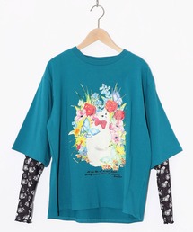 ScoLar（スカラー）の「161635：花ネコ柄チュール切替ロングスリーブTシャツ（Tシャツ/カットソー）」