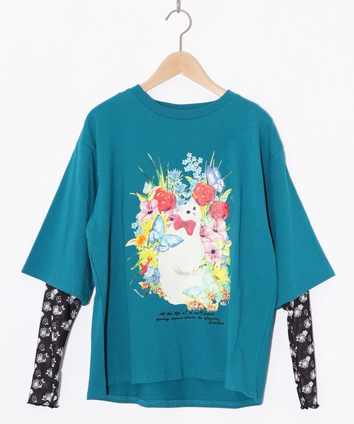 ScoLar（スカラー）の「161635：花ネコ柄チュール切替ロングスリーブTシャツ（Tシャツ/カットソー・レディース・ブラック/グリーン/オフホワイト・M）」の3枚目の写真