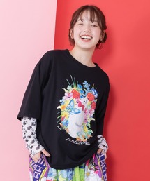ScoLar | 161635：花ネコ柄チュール切替ロングスリーブTシャツ(Tシャツ/カットソー)