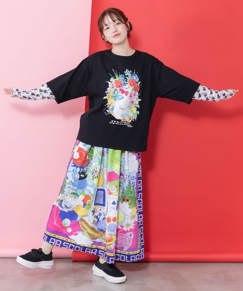ScoLar（スカラー）の「161635：花ネコ柄チュール切替ロングスリーブTシャツ（Tシャツ/カットソー・レディース・ブラック/グリーン/オフホワイト・M）」の4枚目の写真