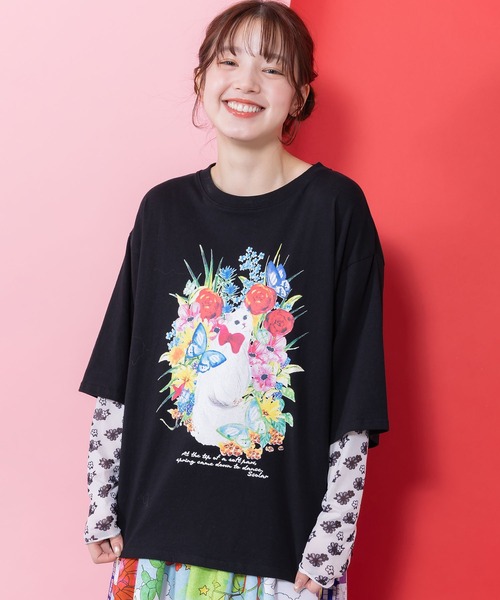ScoLar（スカラー）の「161635：花ネコ柄チュール切替ロングスリーブTシャツ（Tシャツ/カットソー・レディース・ブラック/グリーン/オフホワイト・M）」の5枚目の写真