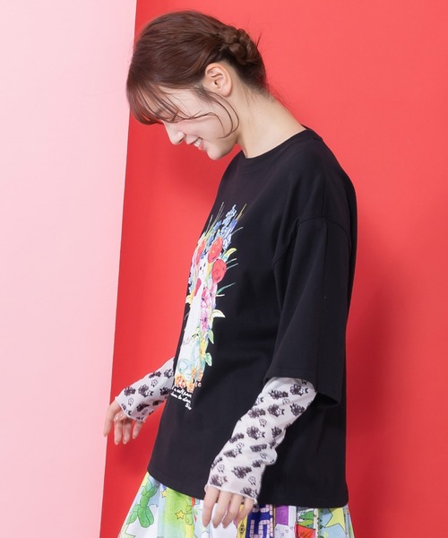 ScoLar（スカラー）の「161635：花ネコ柄チュール切替ロングスリーブTシャツ（Tシャツ/カットソー・レディース・ブラック/グリーン/オフホワイト・M）」の6枚目の写真