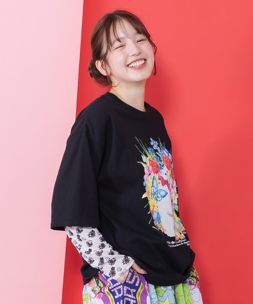 ScoLar（スカラー）の「161635：花ネコ柄チュール切替ロングスリーブTシャツ（Tシャツ/カットソー・レディース・ブラック/グリーン/オフホワイト・M）」の8枚目の写真
