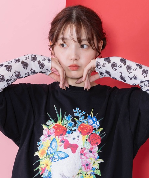 ScoLar（スカラー）の「161635：花ネコ柄チュール切替ロングスリーブTシャツ（Tシャツ/カットソー・レディース・ブラック/グリーン/オフホワイト・M）」の9枚目の写真