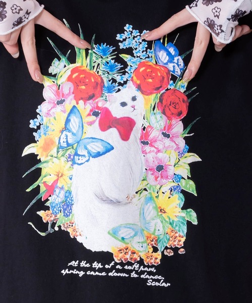 ScoLar（スカラー）の「161635：花ネコ柄チュール切替ロングスリーブTシャツ（Tシャツ/カットソー・レディース・ブラック/グリーン/オフホワイト・M）」の11枚目の写真