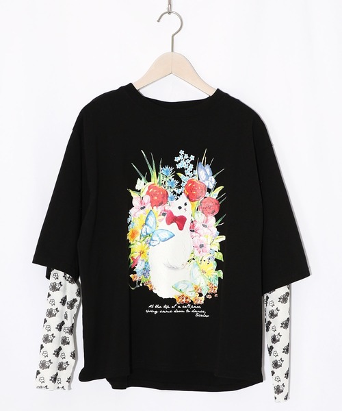 ScoLar（スカラー）の「161635：花ネコ柄チュール切替ロングスリーブTシャツ（Tシャツ/カットソー・レディース・ブラック/グリーン/オフホワイト・M）」の13枚目の写真