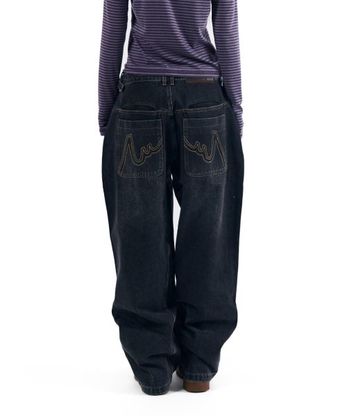 セール】Stitched Baggy Denim Pants (Black)（デニムパンツ）｜AAKAM