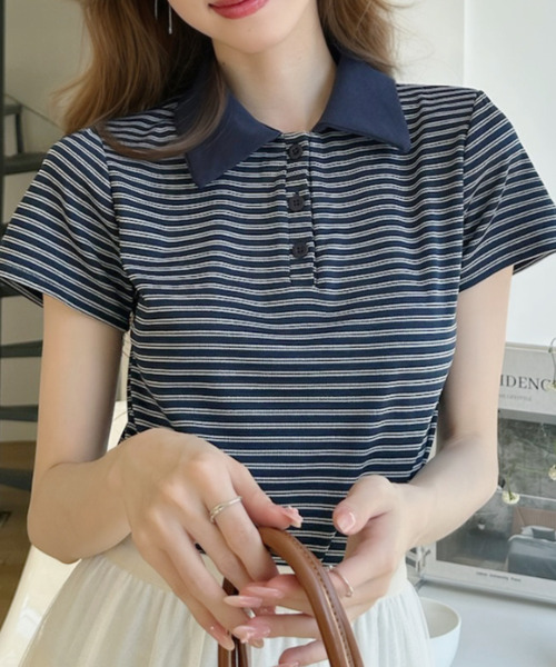 Ada.(エイダ)の「ミジンコボーダー ショート丈半袖ポロシャツ(ポロシャツ・レディース・アイボリー/グレー/ネイビー・FREE)」の12枚目の写真