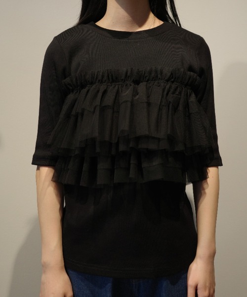 MANOF（マノフ）の「MANOF TULLE FRILL CUT TOPS（Tシャツ/カットソー・レディース・ブラック/ホワイト・FREE）」の2枚目の写真