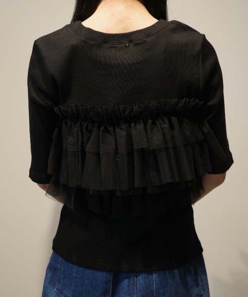 MANOF（マノフ）の「MANOF TULLE FRILL CUT TOPS（Tシャツ/カットソー・レディース・ブラック/ホワイト・FREE）」の4枚目の写真