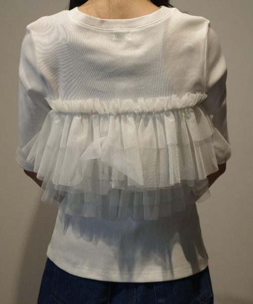 MANOF（マノフ）の「MANOF TULLE FRILL CUT TOPS（Tシャツ/カットソー・レディース・ブラック/ホワイト・FREE）」の3枚目の写真