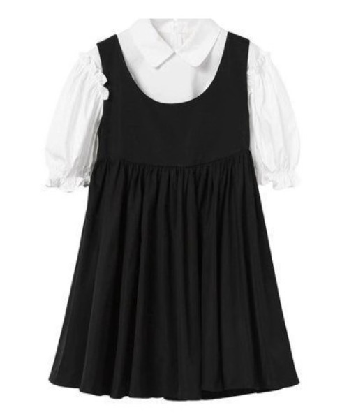 Teem Store(チームストア)の「【2点セット】フリルパフスリーブ半袖シャツ+ミディアム丈フレアキャミワンピース(ワンピース・レディース・ブラック・S/M)」の7枚目の写真