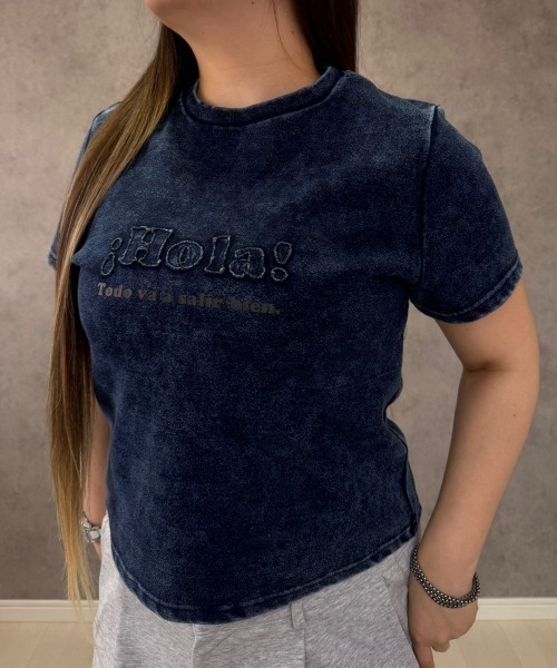 SMILE LAND(スマイルランド)の「【maryさんコラボ】ケミカルウオッシュロゴパッチTシャツ<大きいサイズ有>(Tシャツ/カットソー・レディース・インディゴブルー/ブラウン・3L/LL/L/M)」の1枚目の写真