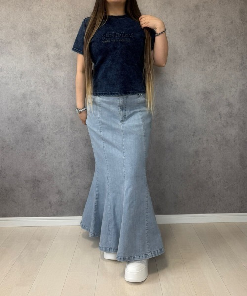 SMILE LAND(スマイルランド)の「【maryさんコラボ】ケミカルウオッシュロゴパッチTシャツ<大きいサイズ有>(Tシャツ/カットソー・レディース・インディゴブルー/ブラウン・3L/LL/L/M)」の3枚目の写真