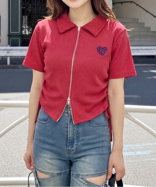 FUN(ファン)の「ラメジップカットソー(Tシャツ/カットソー・レディース・ピンク/ネイビー/チャコールグレー/オフホワイト/レッド/ブラック・FREE/M/L)」の6枚目の写真