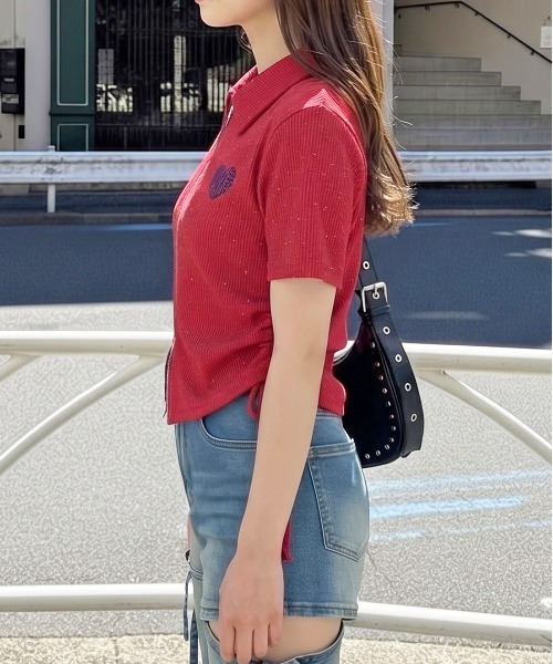 FUN(ファン)の「ラメジップカットソー(Tシャツ/カットソー・レディース・ピンク/ネイビー/チャコールグレー/オフホワイト/レッド/ブラック・FREE/M/L)」の7枚目の写真