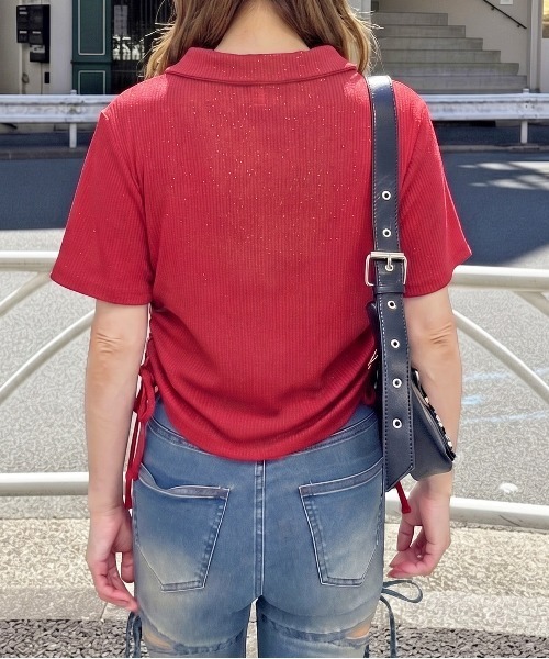 FUN(ファン)の「ラメジップカットソー(Tシャツ/カットソー・レディース・ピンク/ネイビー/チャコールグレー/オフホワイト/レッド/ブラック・FREE/M/L)」の8枚目の写真