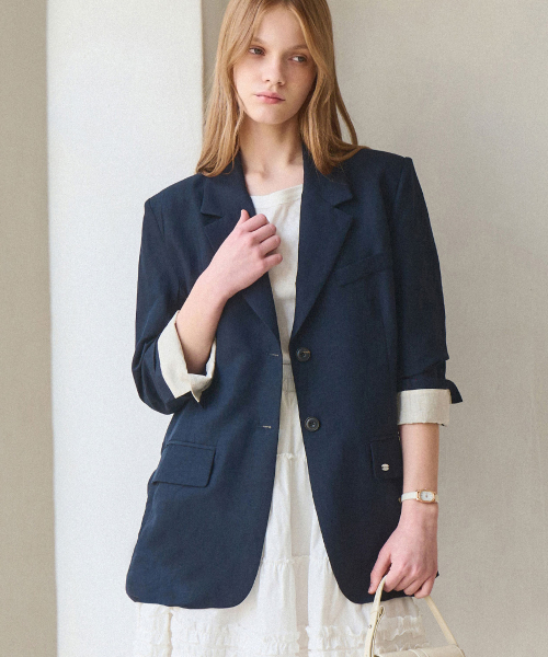 SLOWLOLLI（スローローリ）の「Turn up linen blazer_2 Colors（テーラードジャケット・レディース・Beige/ネイビー・FREE）」の6枚目の写真
