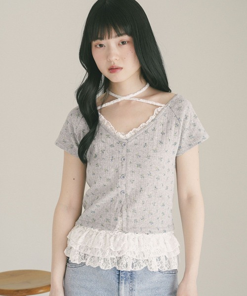 Heather(ヘザー)の「花柄レースフリルTEE 855268(Tシャツ/カットソー・レディース・グレー/オフホワイト/ブルー・FREE)」の1枚目の写真