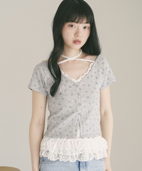Heather(ヘザー)の「花柄レースフリルTEE 855268(Tシャツ/カットソー・レディース・グレー/オフホワイト/ブルー・FREE)」の5枚目の写真