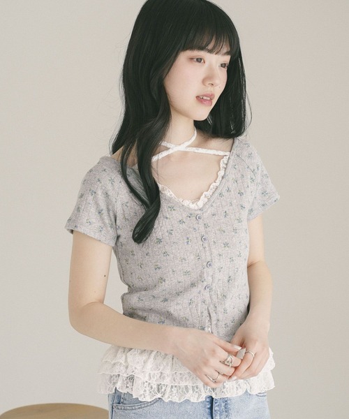 Heather(ヘザー)の「花柄レースフリルTEE 855268(Tシャツ/カットソー・レディース・グレー/オフホワイト/ブルー・FREE)」の6枚目の写真