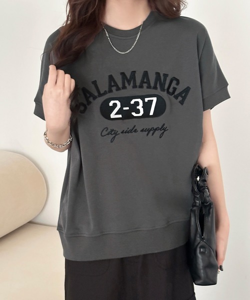 DAY CLOSET(デイ クローゼット)の「半袖 英字 刺繍 カレッジロゴ Tシャツ レディース(Tシャツ/カットソー・レディース・ブラック/ダークグレー・L/M)」の13枚目の写真