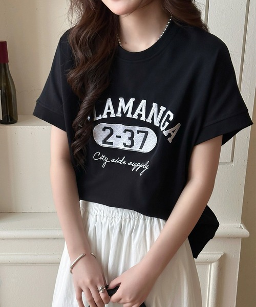 DAY CLOSET(デイ クローゼット)の「半袖 英字 刺繍 カレッジロゴ Tシャツ レディース(Tシャツ/カットソー・レディース・ブラック/ダークグレー・L/M)」の5枚目の写真