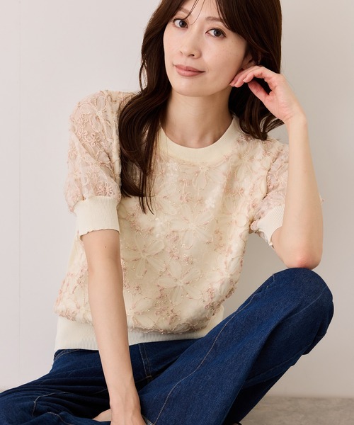 Jayro(ジャイロ)の「花柄ラメ半袖プルオーバー(ニット/セーター・レディース・キナリ/ホワイト系その他3/ホワイト系その他5/ホワイト系その他2・FREE)」の2枚目の写真