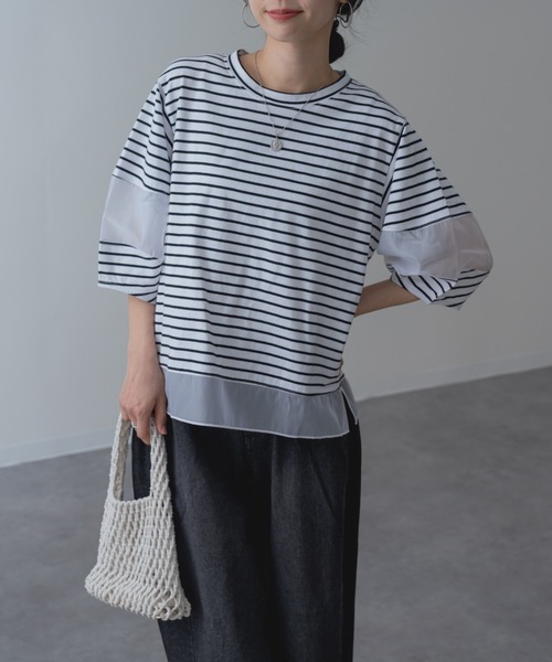 ANNA LUNA（アンナルナ）の「【ANNA LUNA】ラクなのにこなれ見えする 袖シアー プルオーバー！（Tシャツ/カットソー・レディース・ブラック/ブルー/オフホワイト/ホワイト×ブラック・MEDIUM）」の3枚目の写真