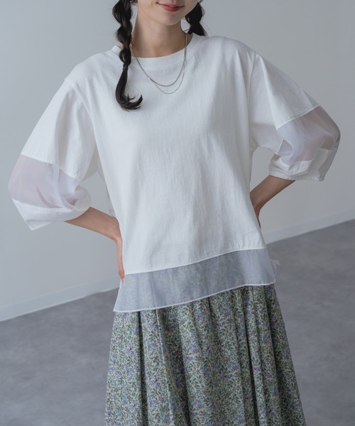 ANNA LUNA（アンナルナ）の「【ANNA LUNA】ラクなのにこなれ見えする 袖シアー プルオーバー！（Tシャツ/カットソー・レディース・ブラック/ブルー/オフホワイト/ホワイト×ブラック・MEDIUM）」の2枚目の写真