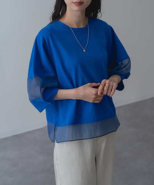 ANNA LUNA（アンナルナ）の「【ANNA LUNA】ラクなのにこなれ見えする 袖シアー プルオーバー！（Tシャツ/カットソー・レディース・ブラック/ブルー/オフホワイト/ホワイト×ブラック・MEDIUM）」の4枚目の写真