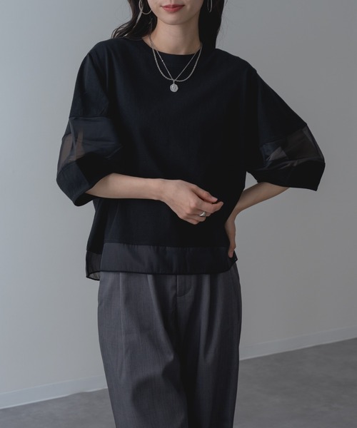 ANNA LUNA（アンナルナ）の「【ANNA LUNA】ラクなのにこなれ見えする 袖シアー プルオーバー！（Tシャツ/カットソー・レディース・ブラック/ブルー/オフホワイト/ホワイト×ブラック・MEDIUM）」の5枚目の写真